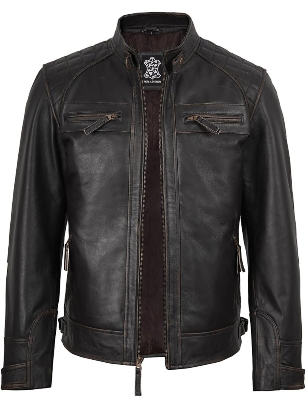 Men’s Genuine Lambskin Leather Cafe Racer Motorcycle Jacket-Rub Off Brown